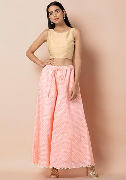 Peach Khadi Print Chanderi Palazzo Pants