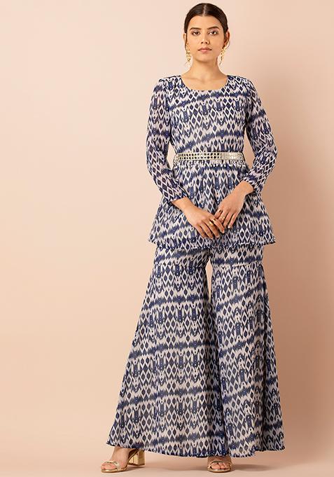 Blue Ikat Georgette Sharara Pants