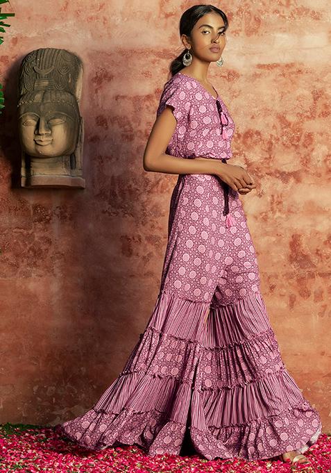 Pink Striped Floral Tiered Sharara Pants 