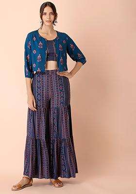 Buy Women Blue Striped Tiered Sharara Pants - Feed-Bottoms - Indya
