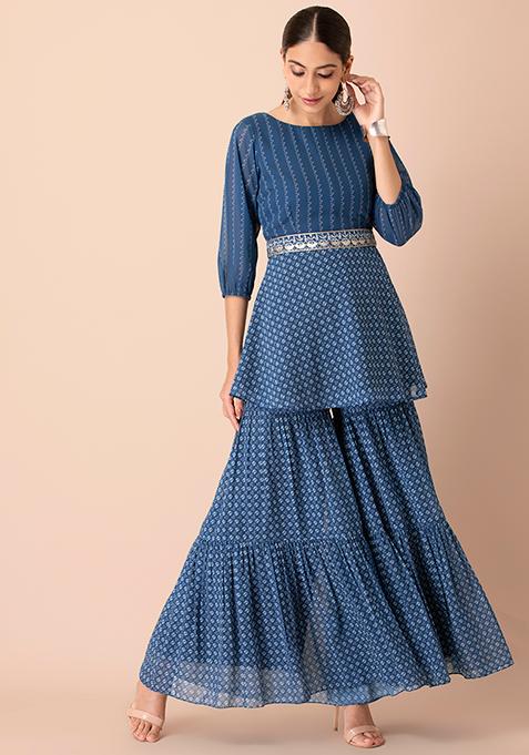 Blue Bandhej Tiered Sharara Pants 
