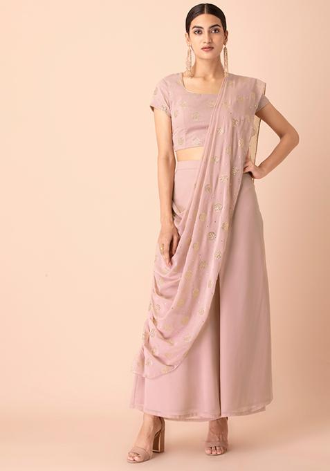 Blush Foil Palazzo Pants with Attached Dupatta 
