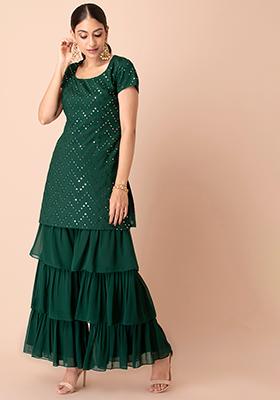 Buy Women Green Tiered Ruffled Sharara Pants - RTW - Indya