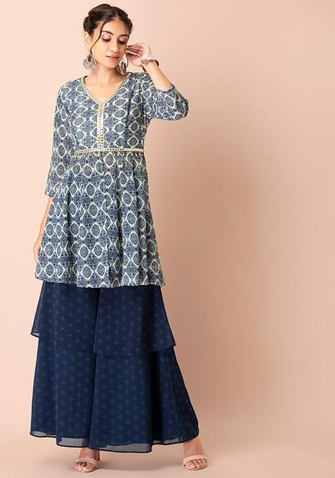 Navy Ikat Printed Ruffled Sharara Pants 
