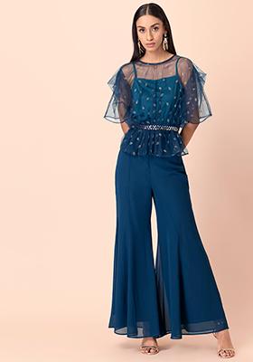 Itaso High Waist Flare Trousers in Teal Print