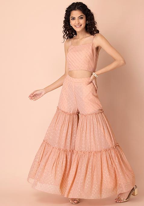 Peach Foil Tiered Sharara Pants 