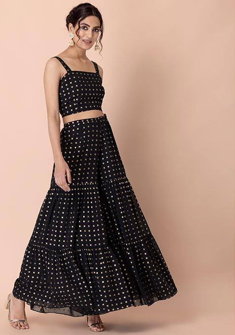 Black Boota Foil Tiered Sharara Pants 