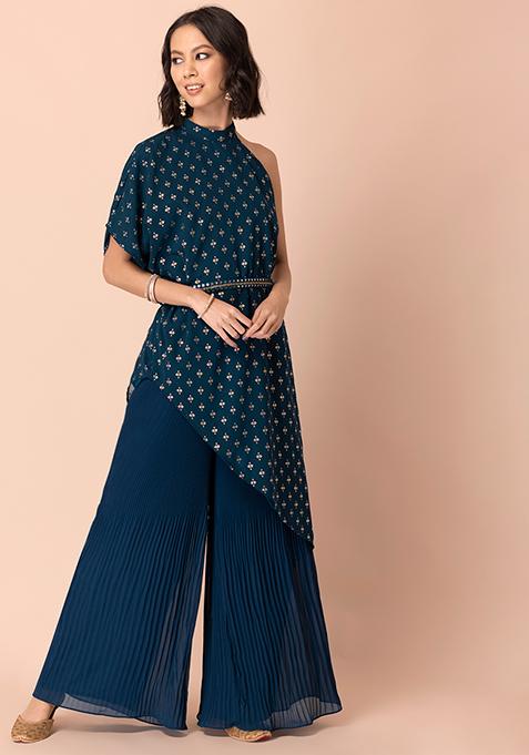 Teal Pleated Sharara Pants 