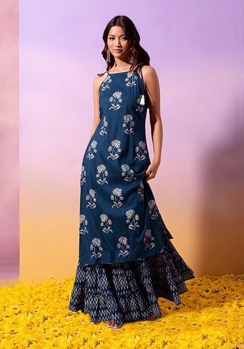 Blue Chevron Print Tiered Sharara Pants