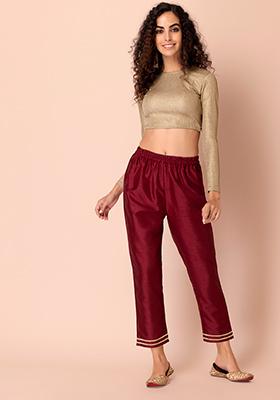 Maroon Poly Silk Fitted Pants 