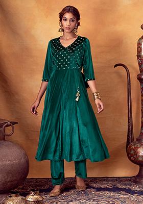 Buy Green Velvet Women Floral Printed Kurta with Trousers  Gunj Fashion