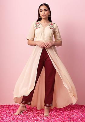 Maroon Cotton Straight Pants With Gota Lace Detailing