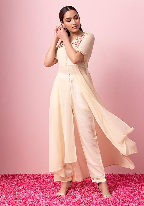 Off-White Cotton Straight Pants With Gota Lace Detailing