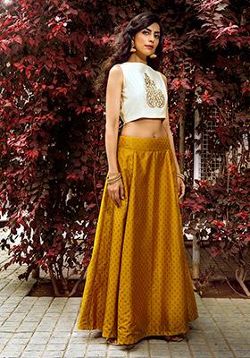 Buy Women Poly Silk Lehenga Skirt - Mustard Brocade - Lehengas & Sarees -  Indya | United Arab Emirates