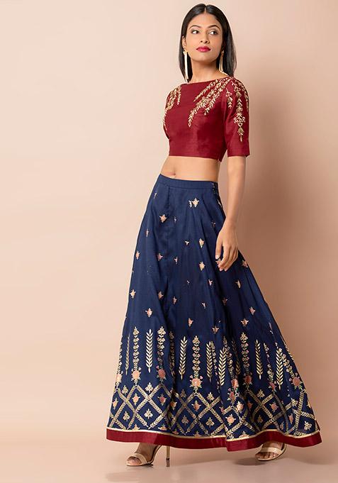 Navy Mughal Foil Lehenga Skirt