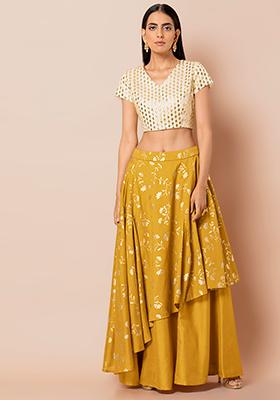 Buy Women Mustard Foil Asymmetric Layered Lehenga Skirt - RTW - Indya