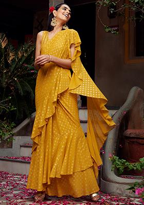 Yellow Foil Ruffled Pre-Stitched Saree (Without Blouse)