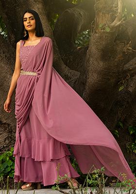 Designer IndoWestern MOH5108 PartyWear Turquoise Silk Lycra Saree Gown