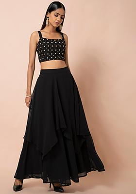 Buy Women Black Layered High Low Lehenga Skirt - Lehengas & Sarees - Indya