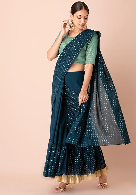 Teal Gold Ruffled Hem Pre-Stitched Saree (Without Blouse)