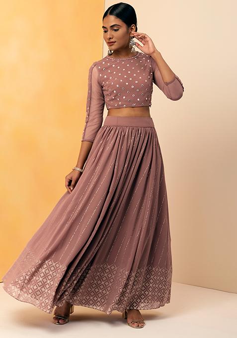 Dusty Pink Foil Gathered Lehenga Skirt