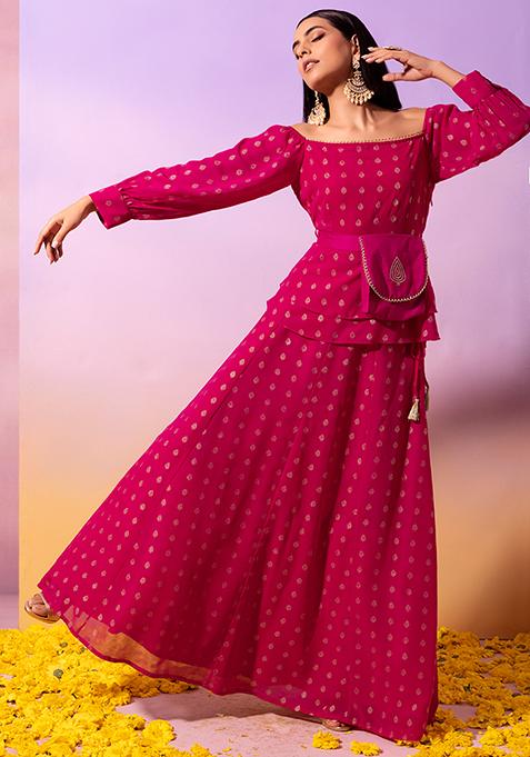 Hot Pink Foil Flared Lehenga Skirt
