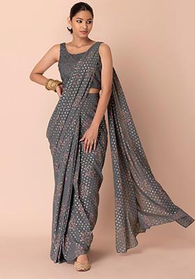 Grey Foil Pre-Stitched Saree (Without Blouse)