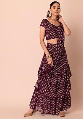 Maroon Dabu Print Layered Pre-Stitched Saree (Without Blouse)