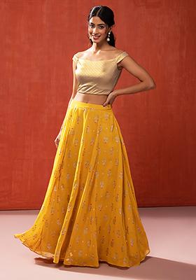 Mustard Yellow Floral Print Kalidar Lehenga Skirt