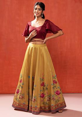 Mustard Yellow Floral Print Silk Lehenga Skirt