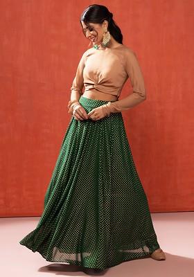 Buy Women Green Polka Dot Foil Print Lehenga Skirt - Skirts - Indya