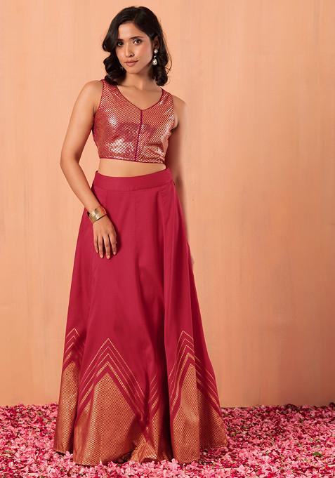 Hot Pink Chevron Foil Print Kalidar Lehenga Skirt