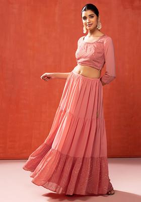 Pink Fringed Tiered Lehenga Set (3 PCS)