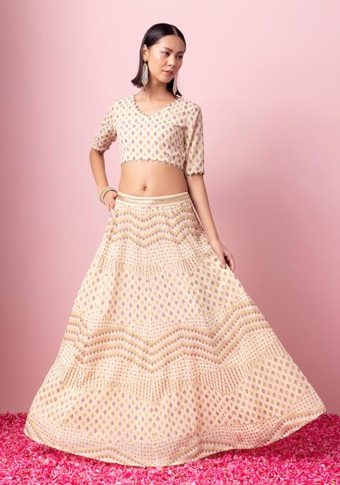 Ivory Foil Print Kalidar Lehenga Skirt