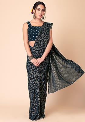 Buy Women Dark Blue Geometric Foil Print Pre-Stitched Saree (Without ...