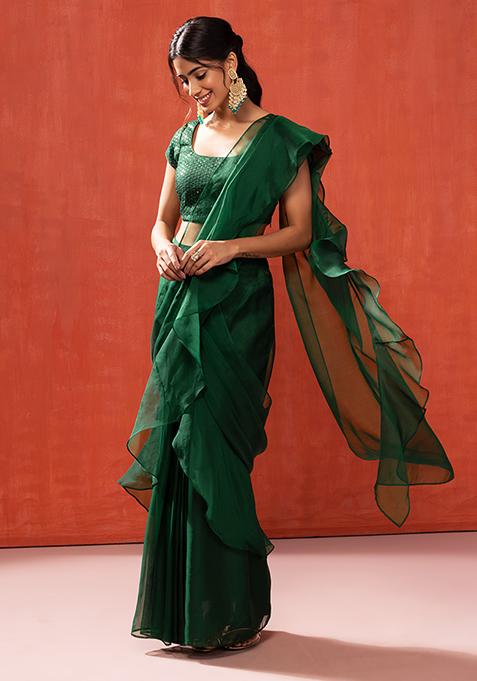 Green Ruffled Pre-Stitched Saree
