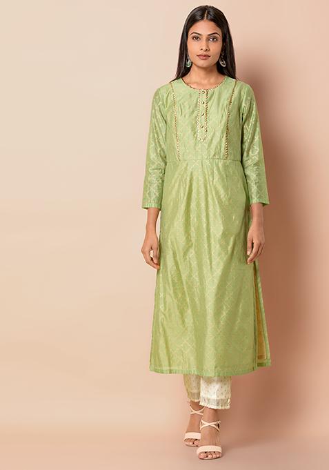 Set of Mint Chanderi Kurta with Ivory Fitted Pants
