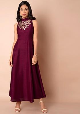 Buy Women Plum Embellished Silk Maxi Kurta - Kurtas - Indya | India