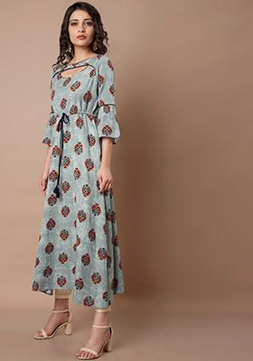 Buy Women Grey Printed Peek-A-Boo Maxi Kurta - RTW - Indya