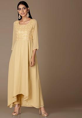 Beige Sequin Grid Anarkali Kurta 