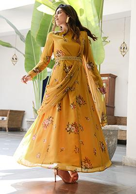 Buy Women Mustard Floral Belted Maxi Kurta With Attached Dupatta ...