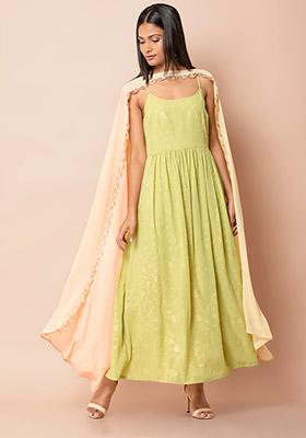 Green Strappy Floral Layered Kurta