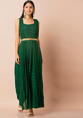 Buy Women Green Polka Double Dupatta Jumpsuit With Embroidered Belt ...