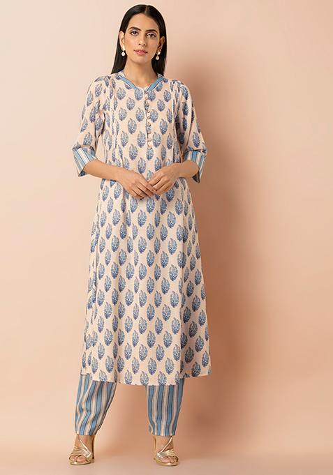 Blue Botanical Pin Tuck A-Line Kurta 