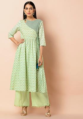 Buy Women Green Blue Cotton Angrakha 