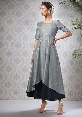 Dark Grey Printed With Embroidered Cotton Blend Kurti Pant Set
