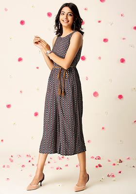 Maroon Navy Belted Culotte Jumpsuit with Side Pockets