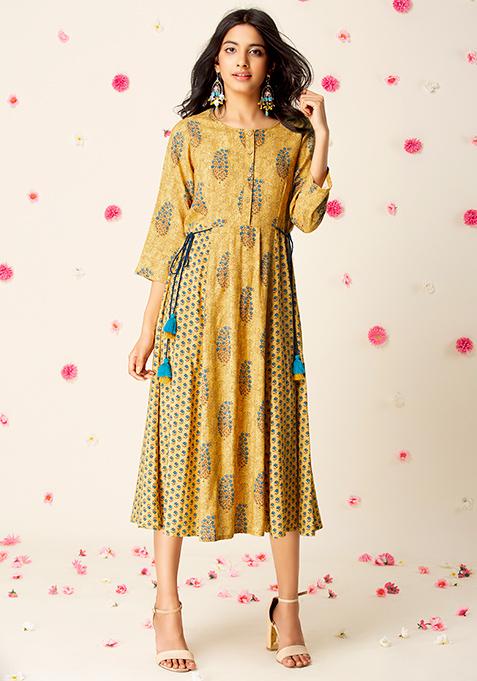 Mustard Printed Side-Tie A-Line Kurta 
