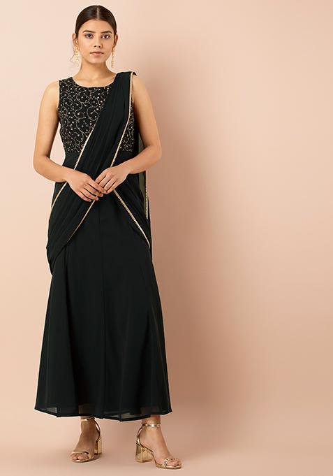 Black Embroidered Fish Cut Kalidar Kurta with Attached Dupatta 