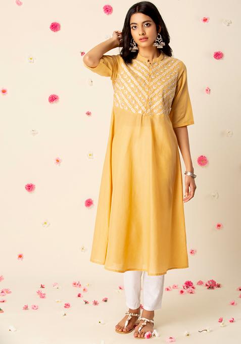 Yellow Embroidered Yoke A Line Kurta